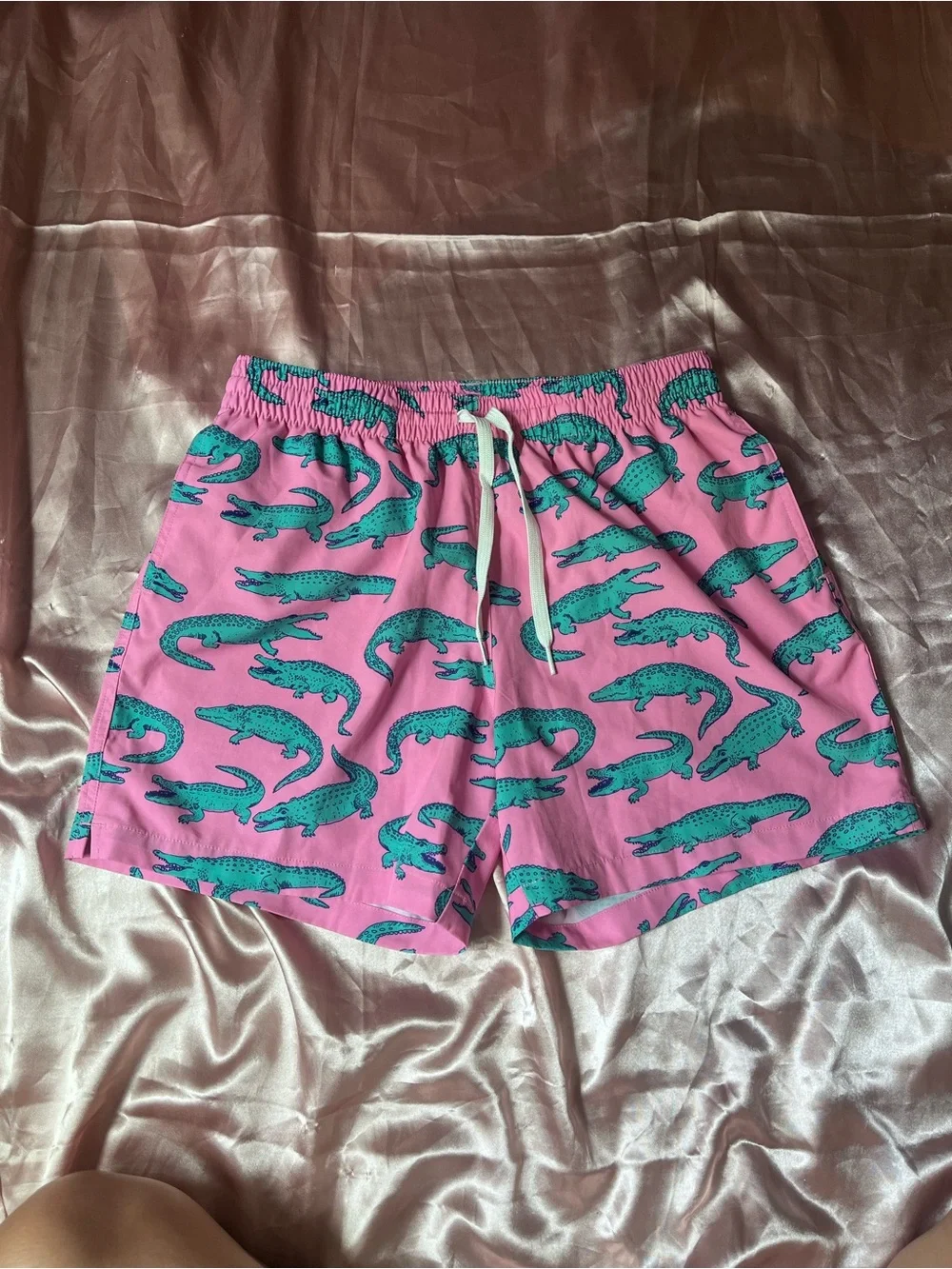 chubbies Pink Swim Trunks with Teal Alligator Print